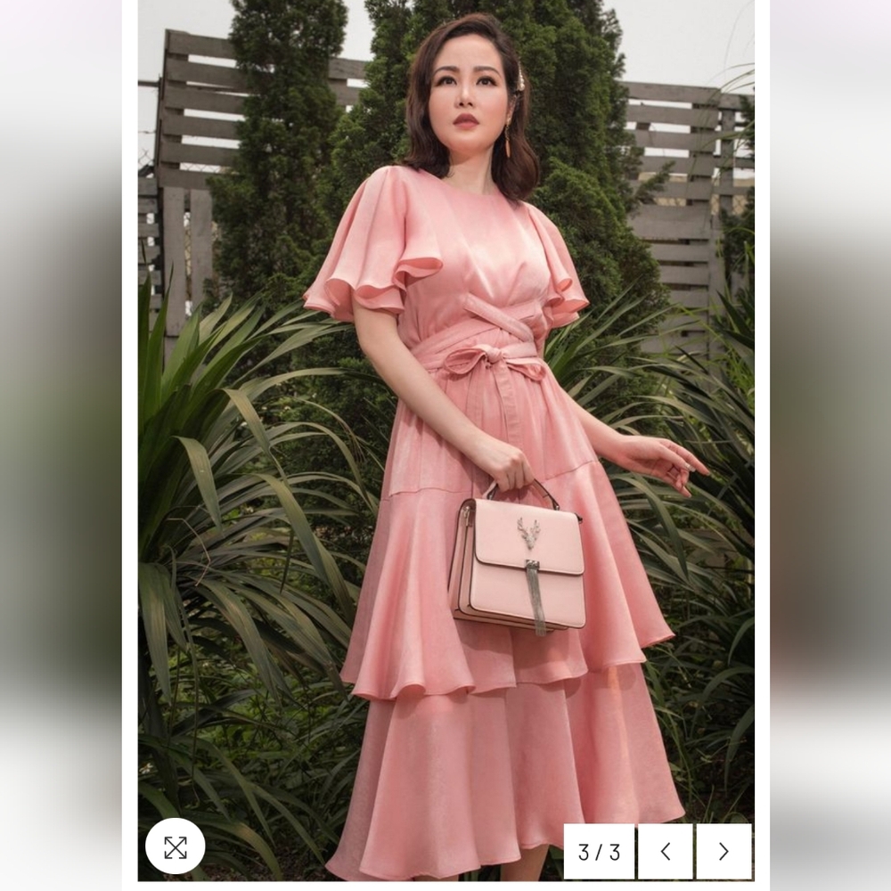 Sarah Luton Pink Ruffle Dress With Tie Belt - Picture 3 of 14